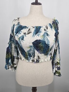 Etwo Blue Floral Tropical Off-Shoulder Smocked Crop Top Small (7663)